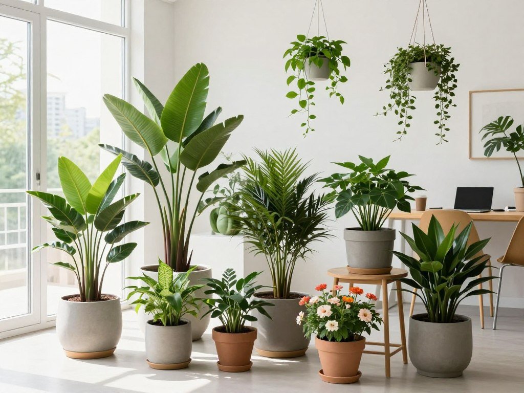 A bright indoor space with strategically placed flower planters of varying sizes creating a lush, living environment