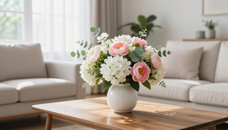 A bright living room featuring a large arrangement of realistic fake flowers decor on a coffee table, including white hydrangeas and pink peonies