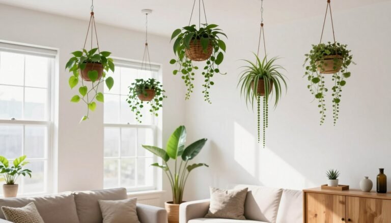 A bright living room with multiple hanging planters featuring trailing pothos, spider plants, and string of pearls hanging from the ceiling near a window