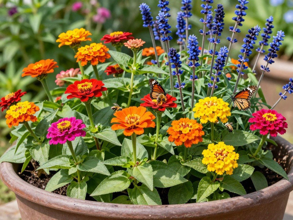 A butterfly-friendly container garden with zinnias, lantana, and salvia attracting pollinators