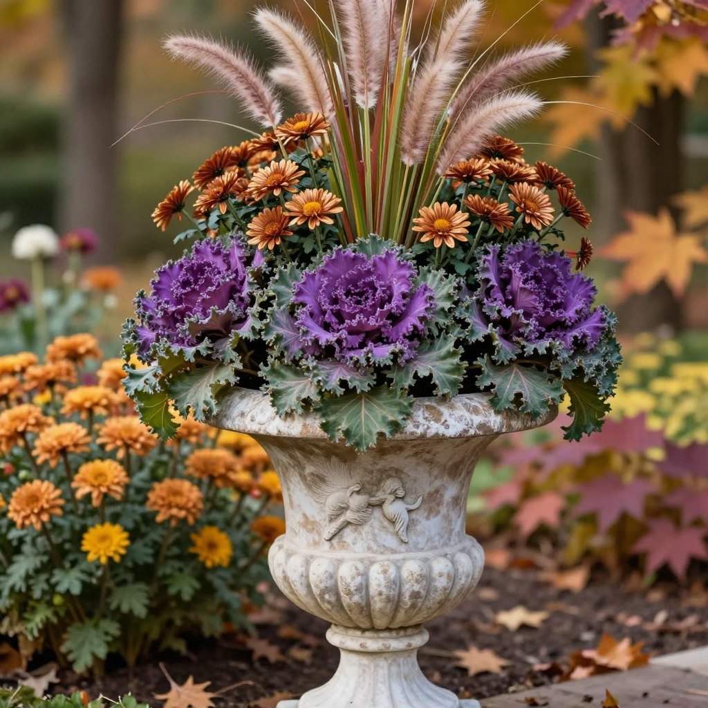 A cast stone urn planter with autumn arrangement featuring ornamental kale, mums, and ornamental grasses