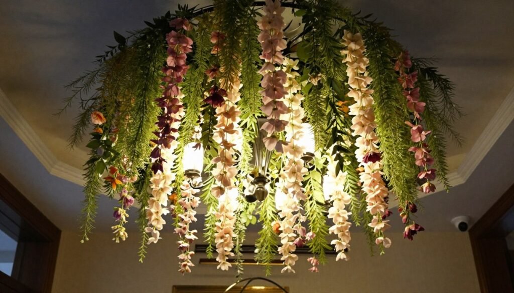 A chandelier decorated with fake flowers decor creating a dramatic ceiling installation A chandelier decorated with fake flowers decor creating a dramatic ceiling installation