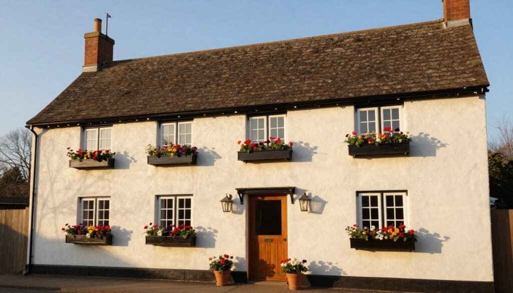 A charming cottage with multiple window planter boxes creating a cohesive, welcoming appearance A charming cottage with multiple window planter boxes creating a cohesive, welcoming appearance