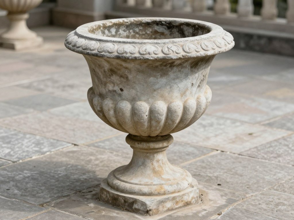 A classic stone urn planter with detailed egg and dart pattern rim sitting on a garden terrace