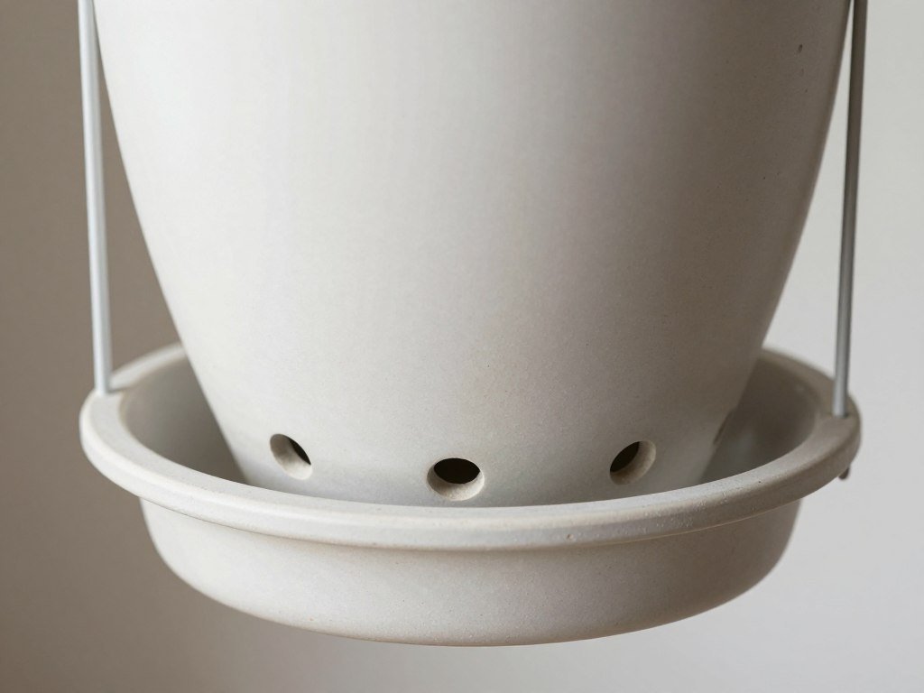 A close-up of a hanging planter with proper drainage holes and a removable saucer to catch excess water