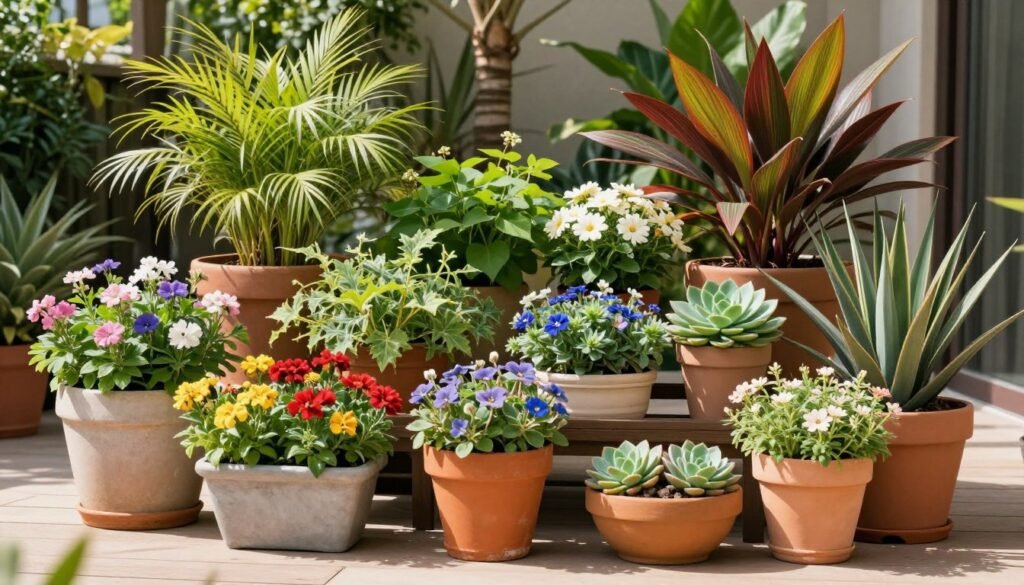 A collection of beautiful full sun container gardens arranged on a sunny patio