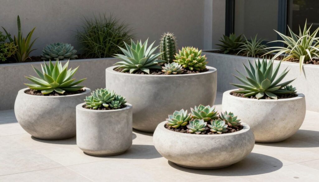 A collection of concrete and stone planters with succulents and drought-tolerant plants on a sunny patio