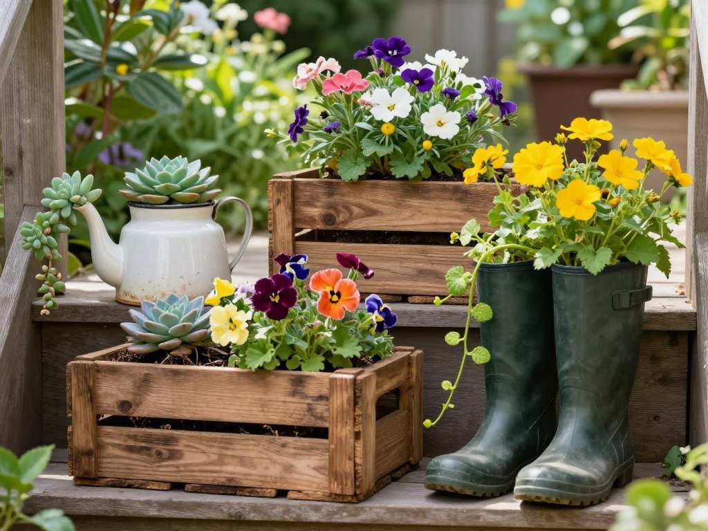 A collection of creative upcycled flower planters including a vintage teapot, wooden crate, and repurposed boots arranged in a garden display