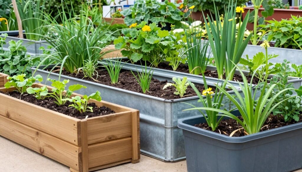A collection of different planter box materials including wood, metal, and plastic arranged in a garden setting A collection of different planter box materials including wood, metal, and plastic arranged in a garden setting