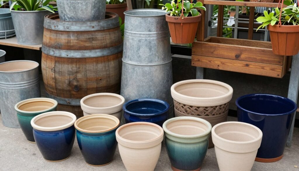 A collection of different planter containers including ceramic pots, wooden barrels, hanging baskets, and window boxes arranged in a garden center display