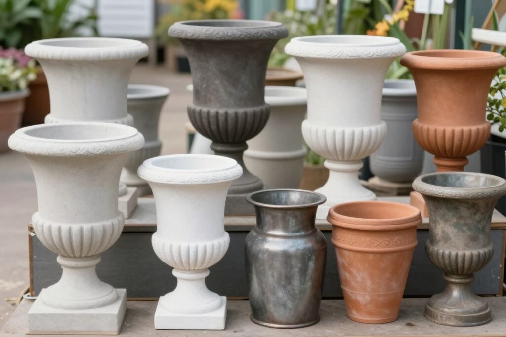 A collection of different urn planter materials including concrete, fiberglass, and metal displayed in a garden center
