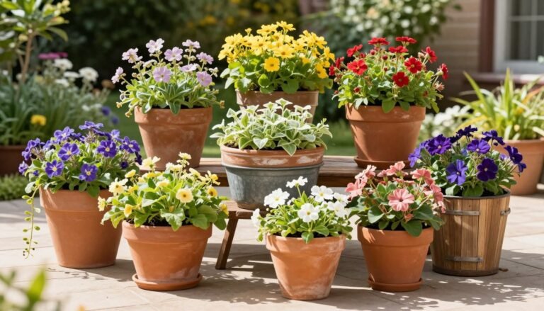 A collection of diverse flower planters arranged on a sunny patio, showcasing various materials including terracotta, ceramic, and metal with vibrant flowering plants spilling over the edges