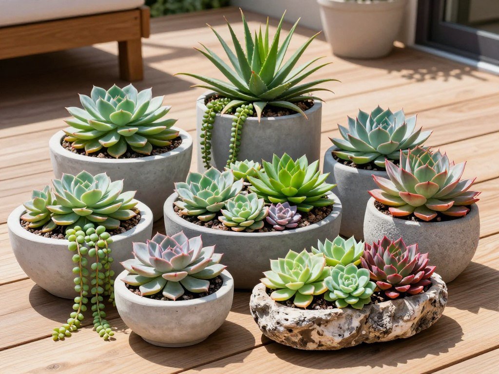 A collection of drought-tolerant succulent planters in various containers on a sunny patio, requiring minimal care while providing maximum visual impact