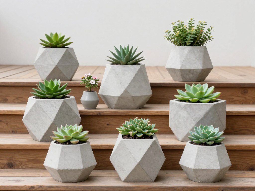A collection of geometric concrete planters in various shapes containing succulents and small flowering plants arranged on wooden steps A collection of geometric concrete planters in various shapes containing succulents and small flowering plants arranged on wooden steps