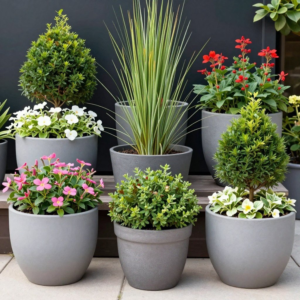 A collection of large outdoor planters with diverse plant arrangements showing design versatility