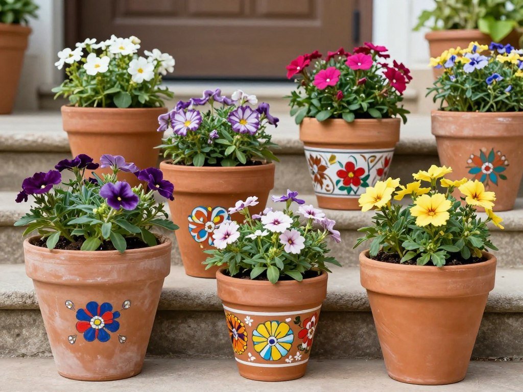A collection of terra cotta pots hand-painted with colorful patterns and filled with matching flowers A collection of terra cotta pots hand-painted with colorful patterns and filled with matching flowers