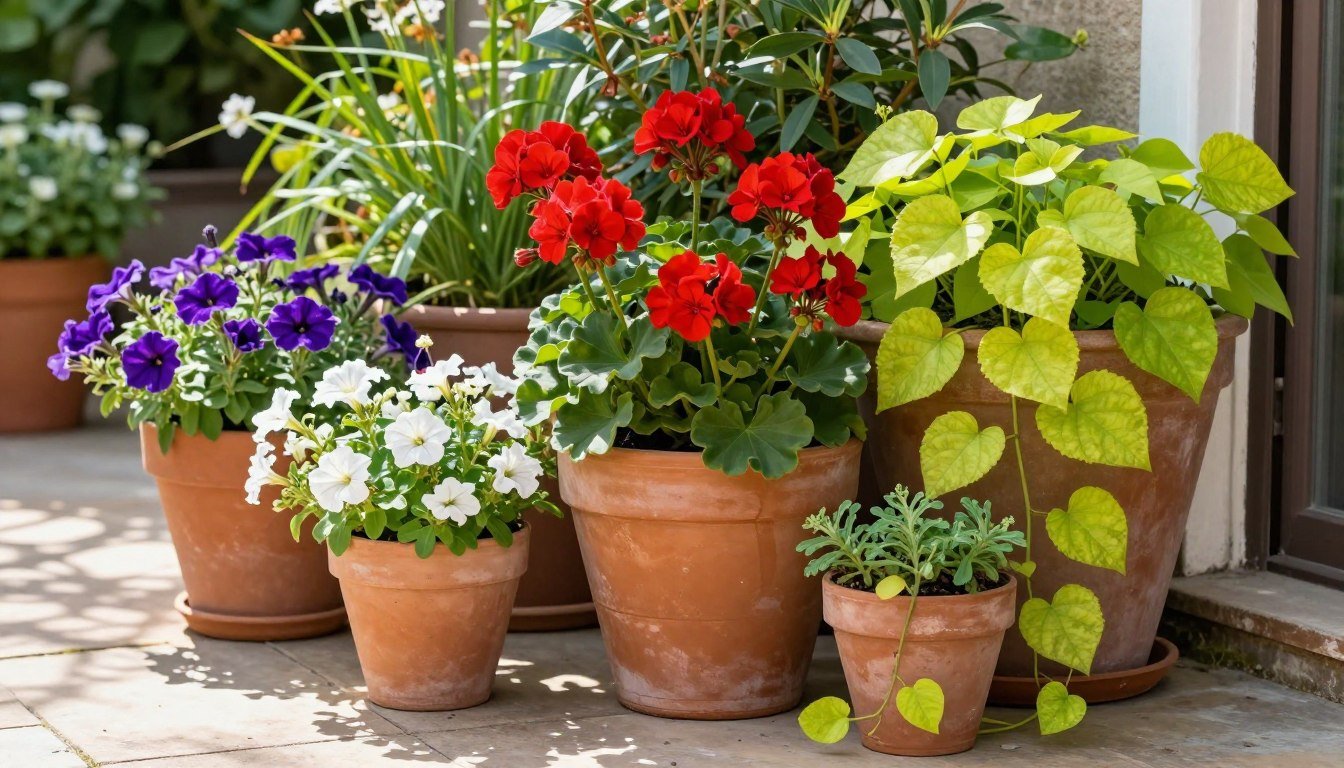 A collection of terra cotta pots in various sizes arranged on a sunny patio, filled with colorful geraniums, petunias, and trailing sweet potato vine