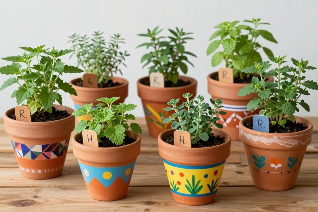 A collection of terracotta pots hand-painted with colorful patterns and designs, each containing a different herb with a small label A collection of terracotta pots hand-painted with colorful patterns and designs, each containing a different herb with a small label