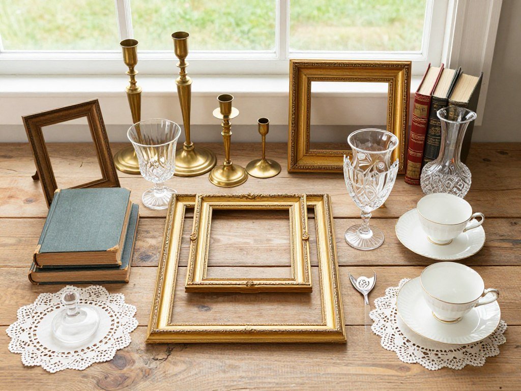 A collection of thrifted wedding decor items including vintage picture frames, brass candlesticks, and crystal vases arranged on a wooden table A collection of thrifted wedding decor items including vintage picture frames, brass candlesticks, and crystal vases arranged on a wooden table