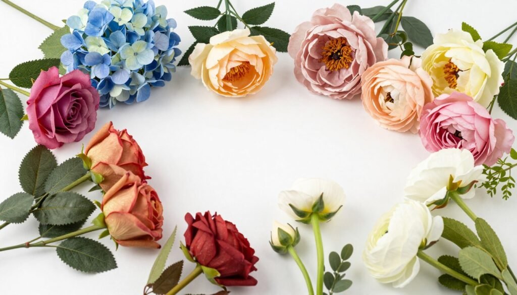 A collection of various high-quality fake flowers decor options showing different textures, colors, and styles A collection of various high-quality fake flowers decor options showing different textures, colors, and styles