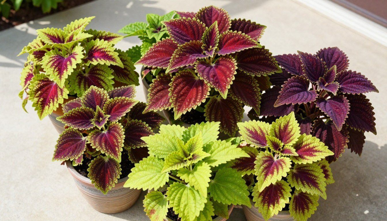 A collection of vibrant coleus planters arranged on a sunny patio showing various leaf colors and patterns