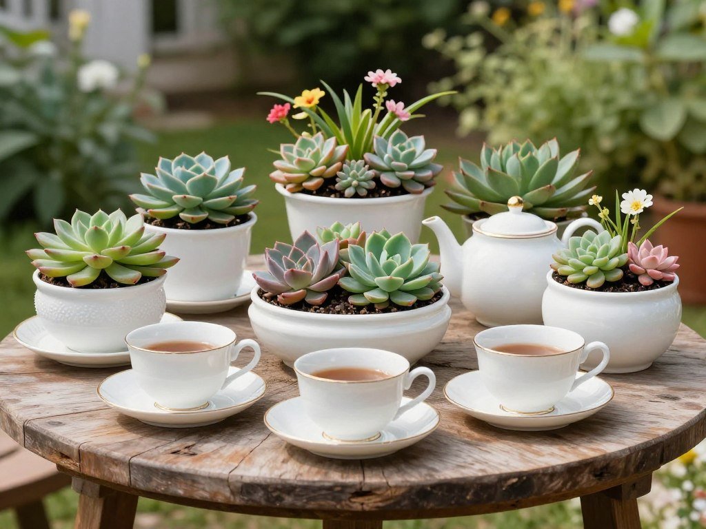 A collection of vintage teacups and teapots arranged as flower planters with colorful succulents and small flowering plants A collection of vintage teacups and teapots arranged as flower planters with colorful succulents and small flowering plants