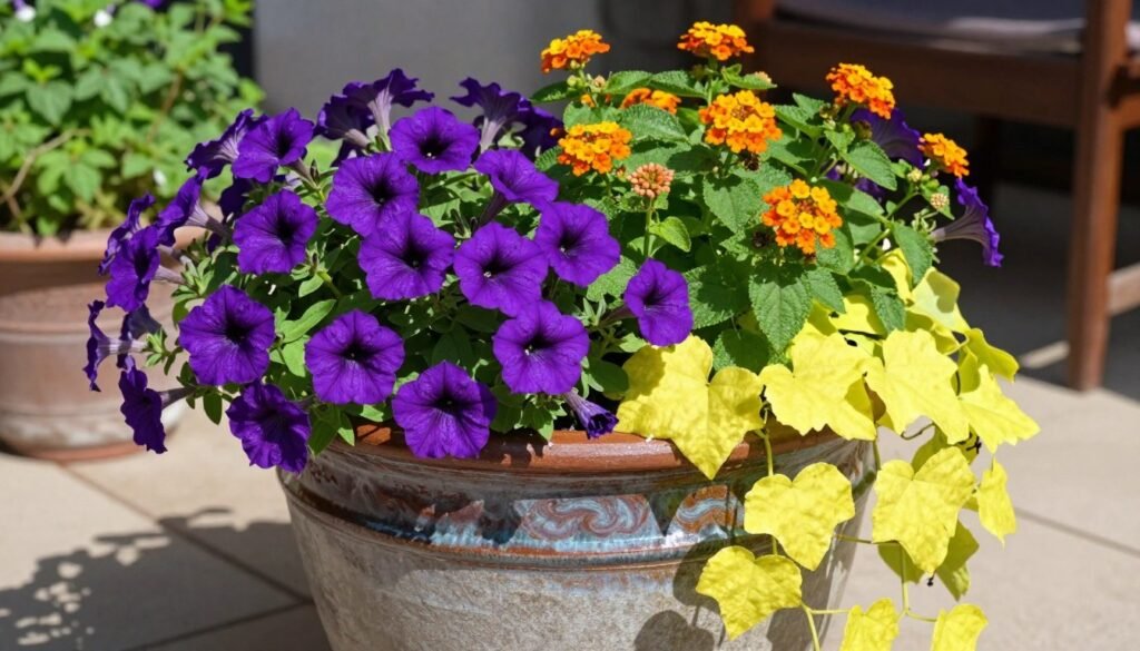 A colorful container arrangement featuring petunias, lantana, and sweet potato vine in full sun