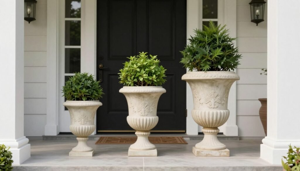 A comparison of different sized urn planters showing proper scale relationships with architectural elements