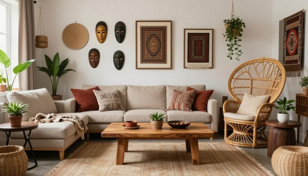 A complete afro boho living room with layered seating, textiles, and wall decor A complete afro boho living room with layered seating, textiles, and wall decor