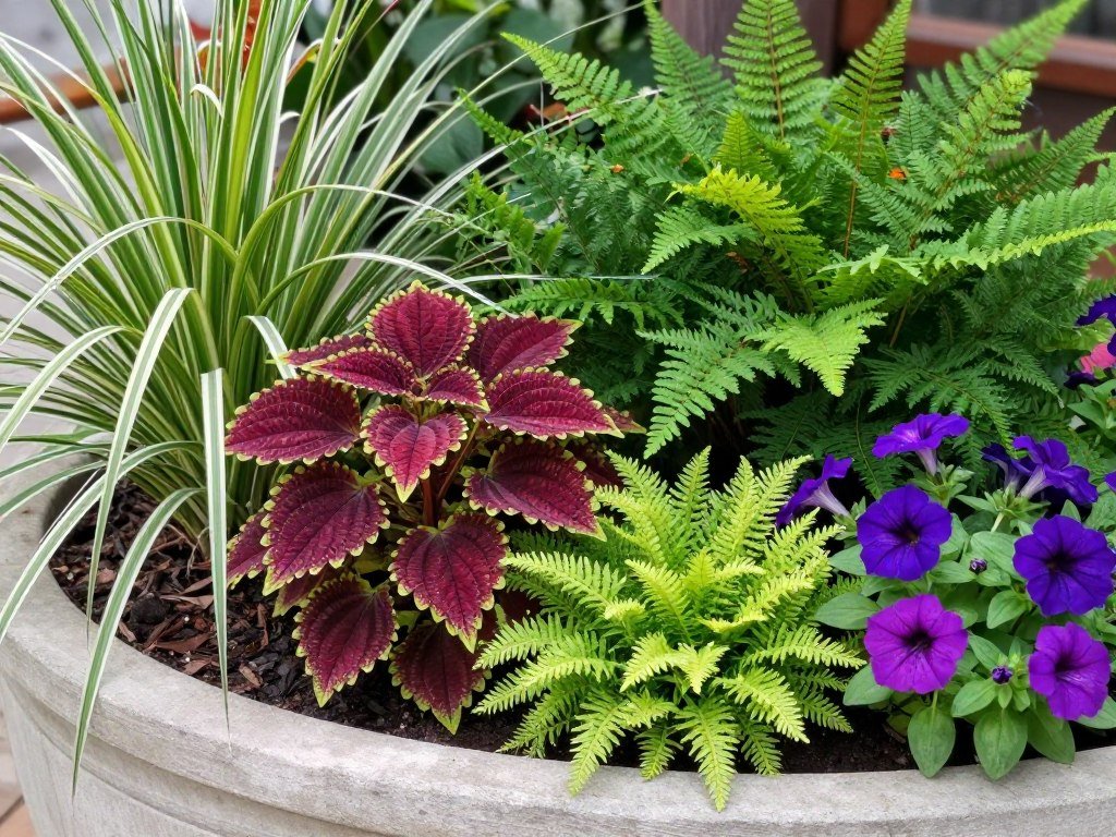 A container garden showcasing different plant textures and forms in complementary colors