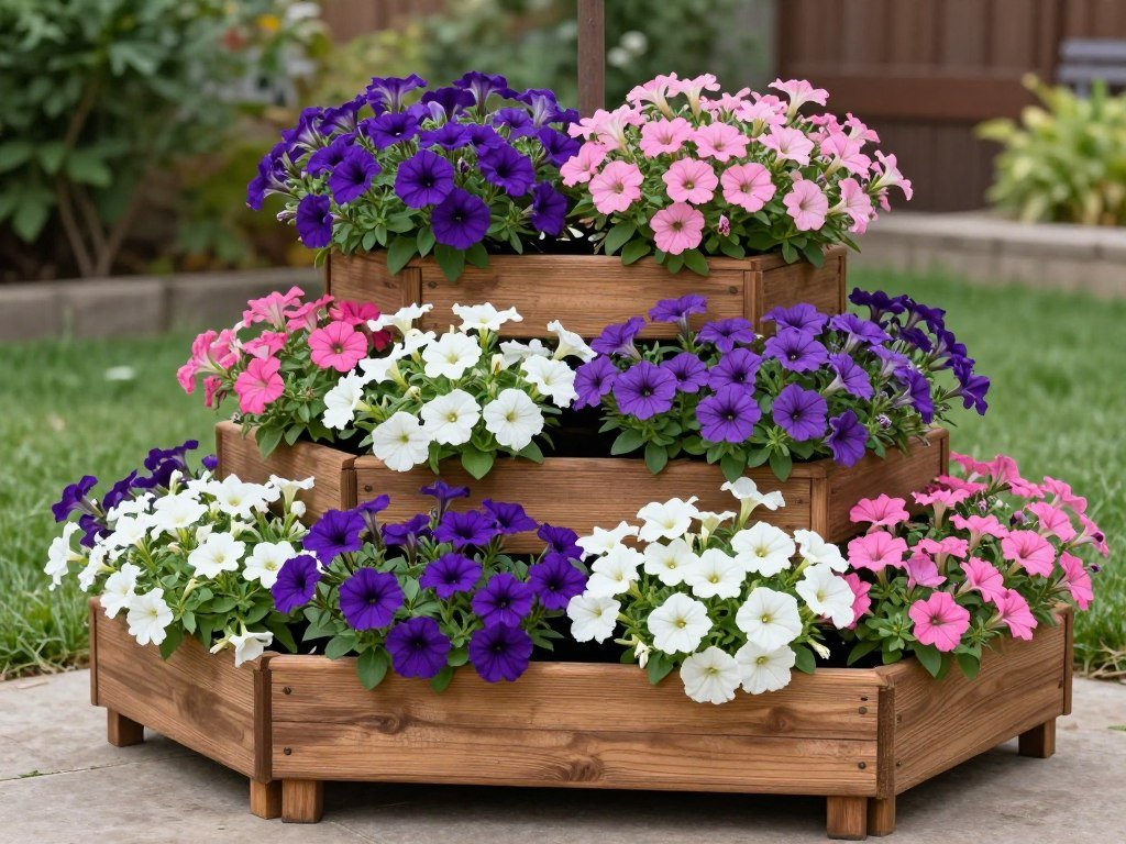 A corner tiered planter box with cascading flowers and plants flowing down each level