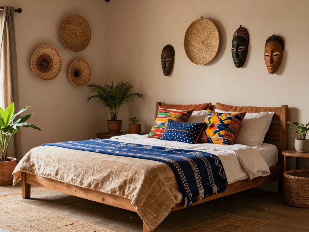 A cozy afro boho bedroom with layered textiles, earthy colors, and cultural artifacts A cozy afro boho bedroom with layered textiles, earthy colors, and cultural artifacts