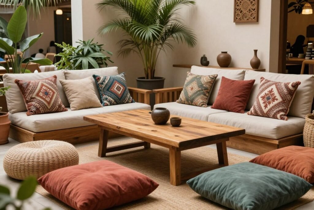 A cozy conversation area with low seating, floor cushions, and a central coffee table in afro boho style A cozy conversation area with low seating, floor cushions, and a central coffee table in afro boho style