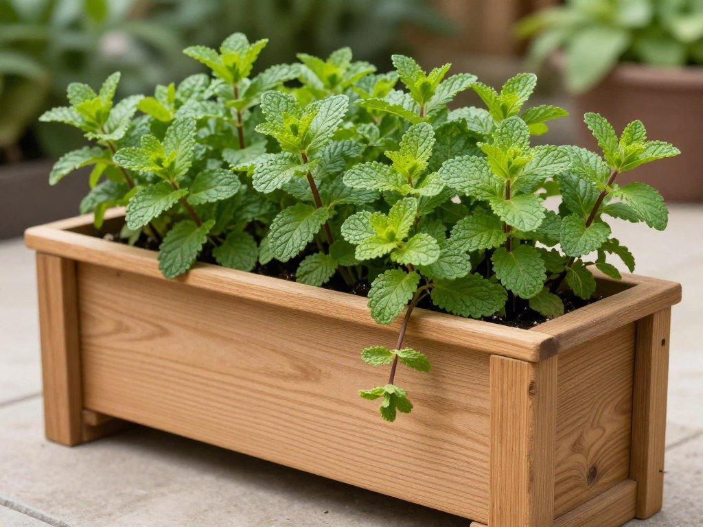 A dedicated planter box with barriers to prevent mint from spreading, showing healthy mint plants contained within the structure A dedicated planter box with barriers to prevent mint from spreading, showing healthy mint plants contained within the structure