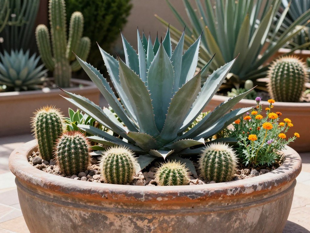 A desert-inspired container garden with agave, cacti, and flowering desert plants