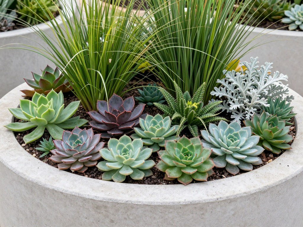 A drought-tolerant container garden with various succulents and ornamental grasses