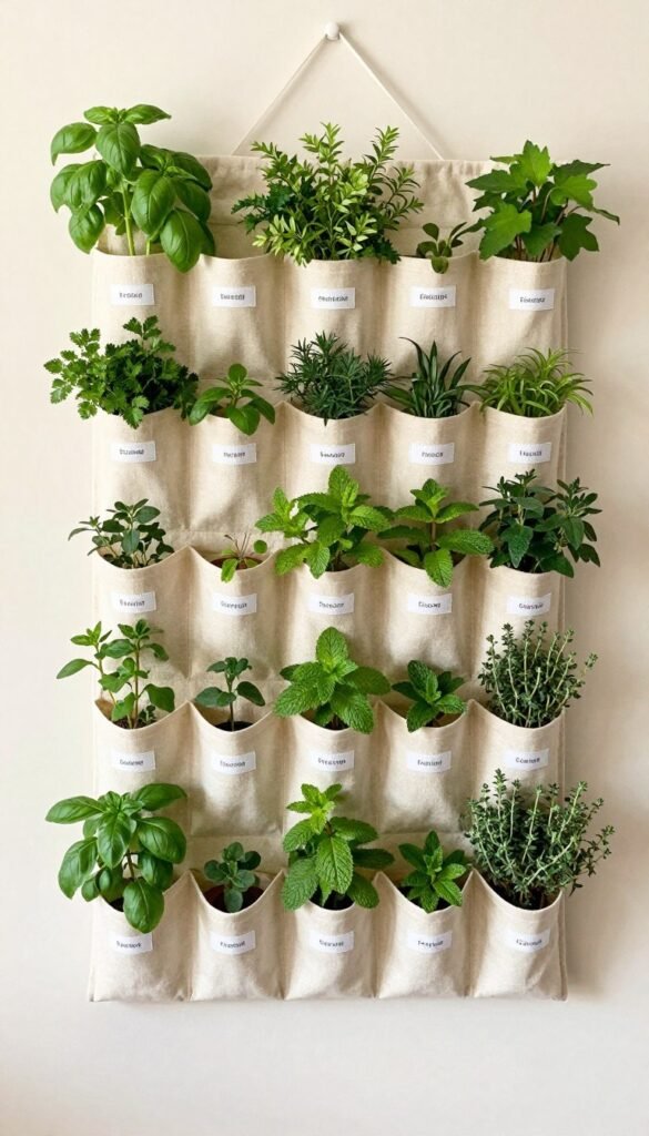 A fabric pocket organizer hanging on a wall with various herbs growing from each pocket, creating a lush vertical garden A fabric pocket organizer hanging on a wall with various herbs growing from each pocket, creating a lush vertical garden