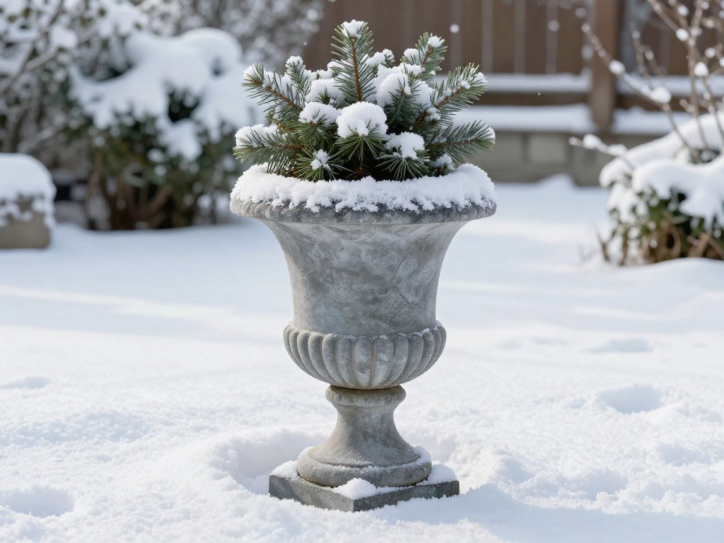 A frost-resistant fiberglass urn planter in a winter garden setting with evergreen plants