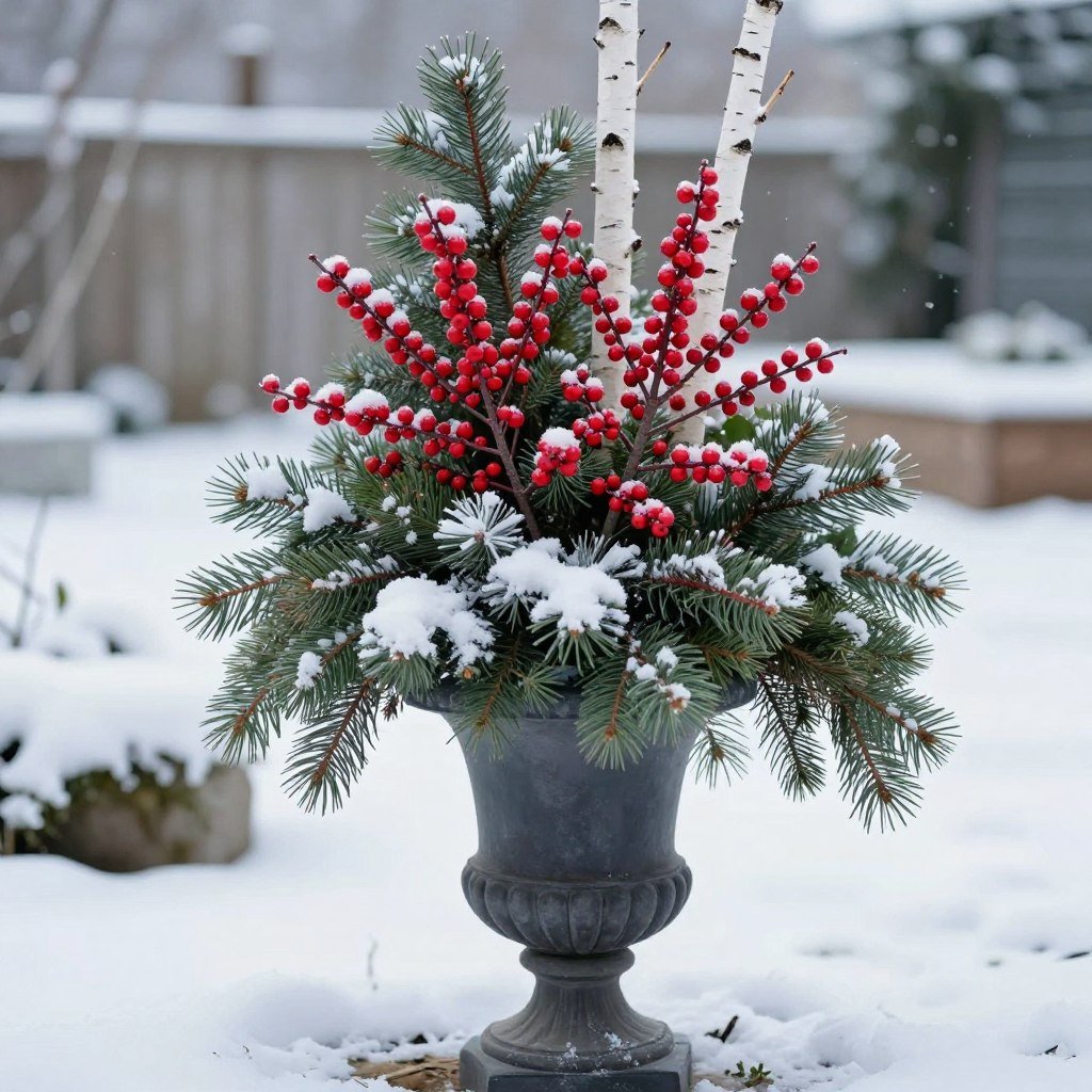 A frost-resistant urn planter with winter arrangement of evergreen boughs, red berries, and white birch branches