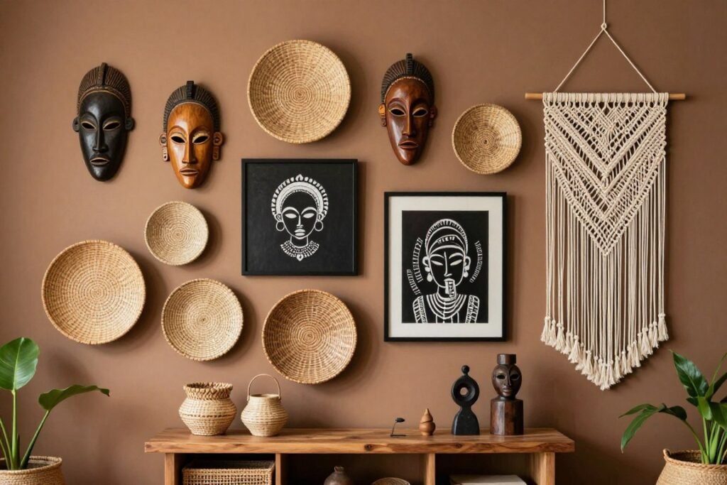 A gallery wall featuring African masks, woven baskets, and black art in an afro boho living room A gallery wall featuring African masks, woven baskets, and black art in an afro boho living room