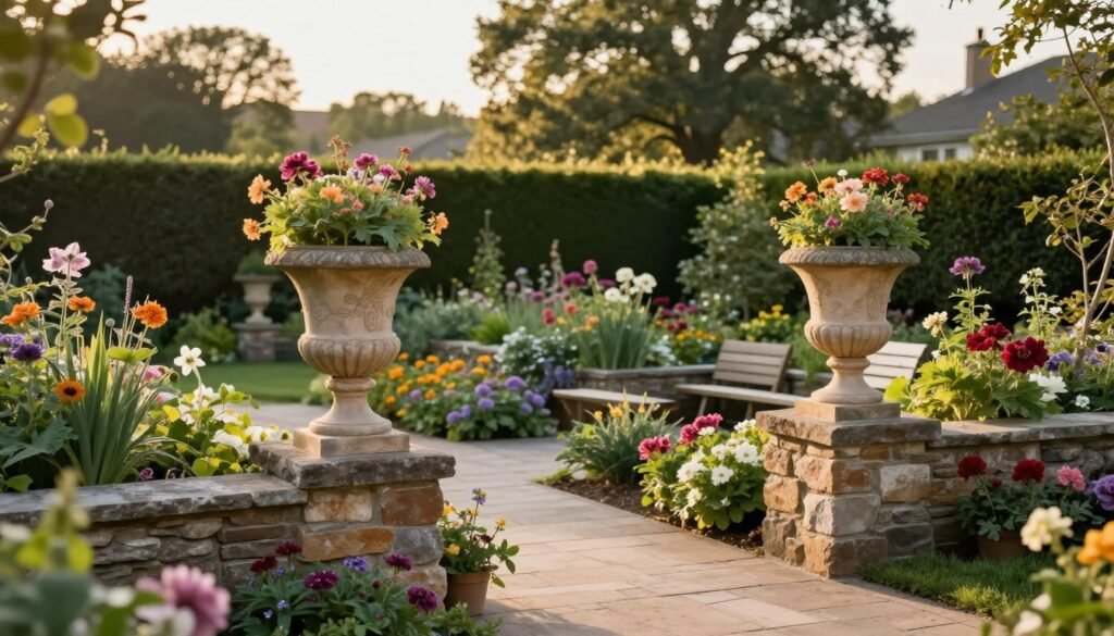 A garden vignette showing urn planters integrated with other landscape elements creating a harmonious outdoor space