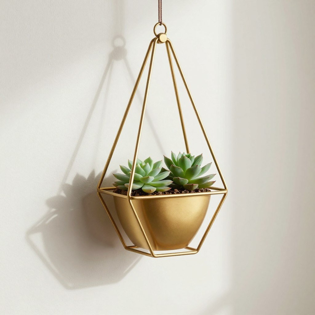 A geometric metal hanging planter with a succulent arrangement, casting interesting shadows on the wall