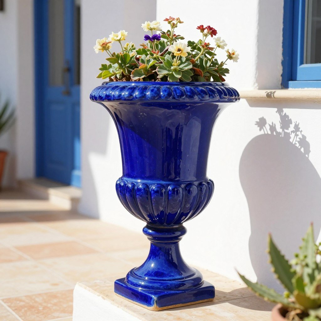 A glazed ceramic urn planter in cobalt blue with Mediterranean-inspired design on a sunny terrace