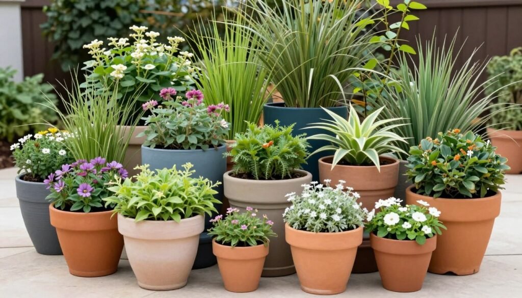 A grouped container garden arrangement with various sized pots creating a cohesive display