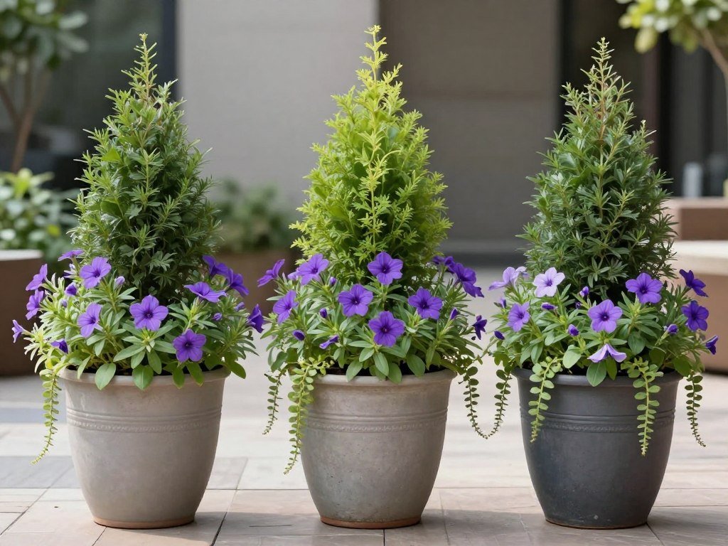 A grouping of three coordinated planter arrangements of different heights showing repetition of colors and plant types across multiple containers