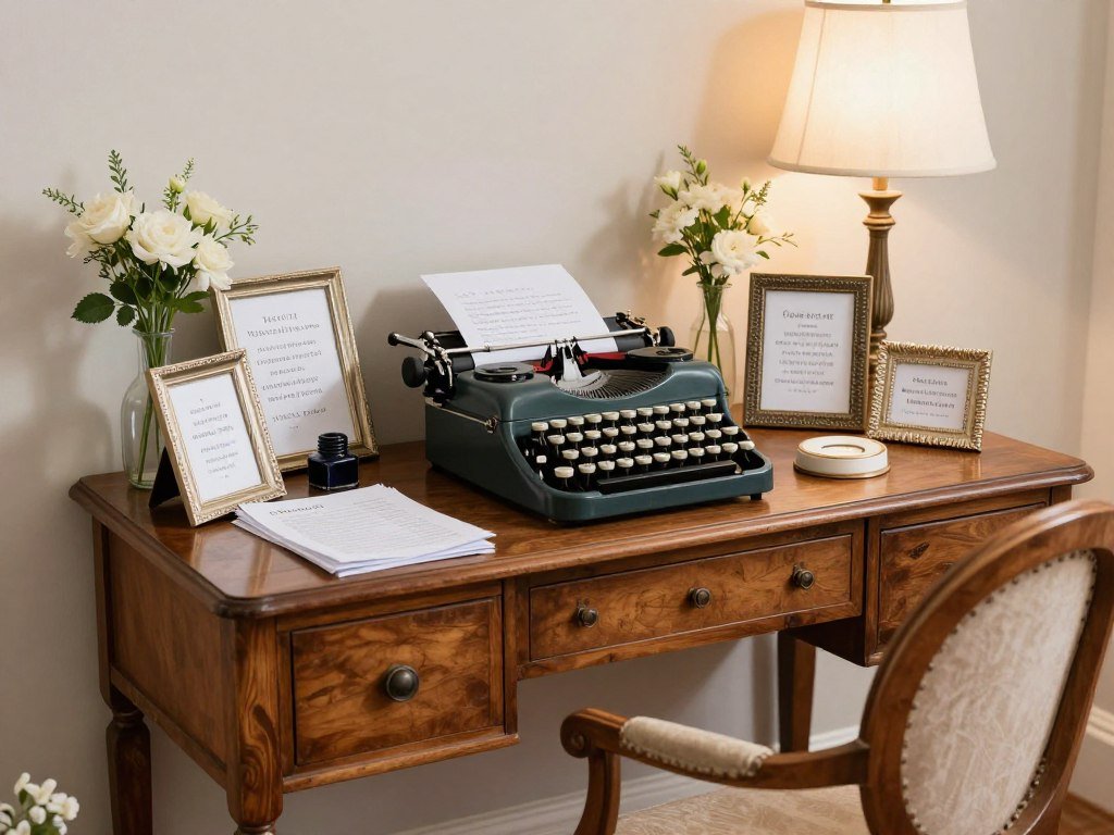 A guest book station featuring a thrifted vintage desk with typewriter, framed instructions, and decorative elements A guest book station featuring a thrifted vintage desk with typewriter, framed instructions, and decorative elements
