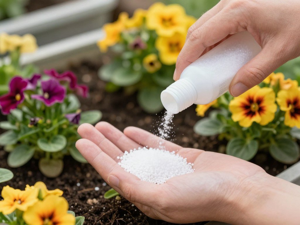 A hand applying slow-release fertilizer to a container garden with colorful flowers A hand applying slow-release fertilizer to a container garden with colorful flowers