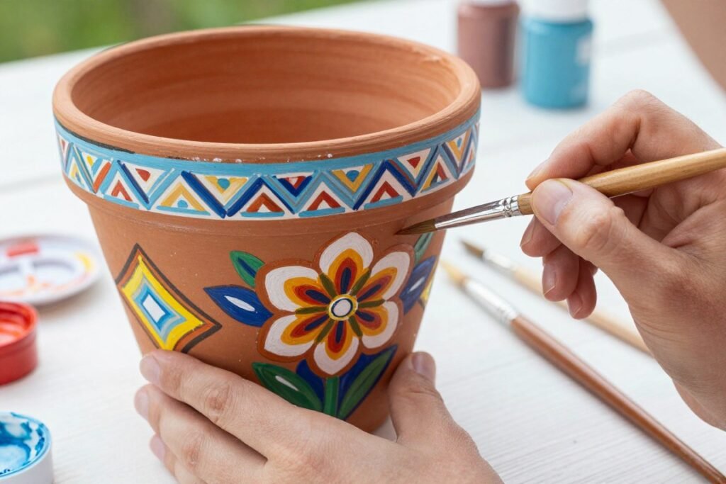 A hand-painted flower planter with intricate designs being customized by an artist, showing the personalization process