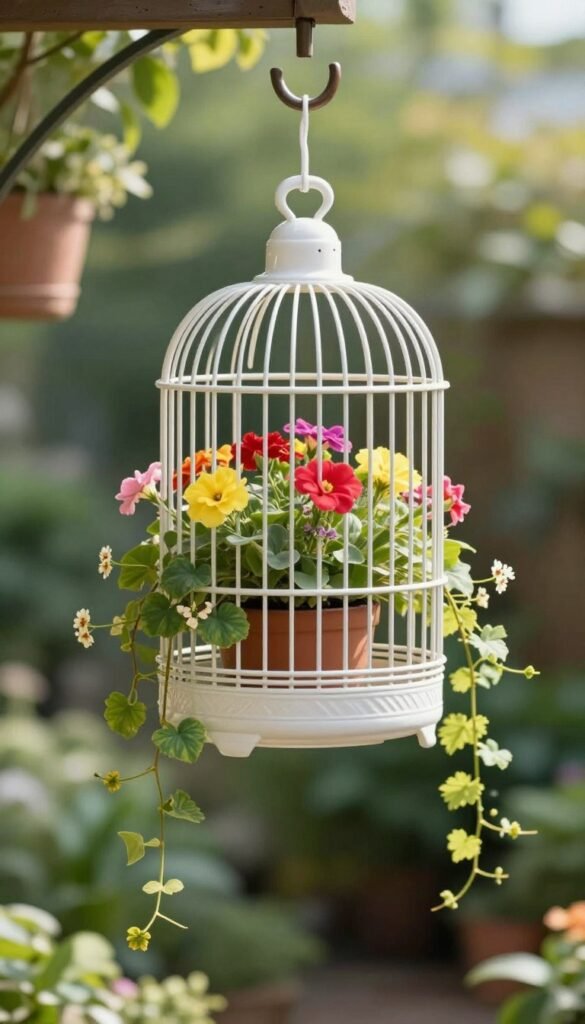 A hanging birdcage planter with colorful flowers suspended from a garden hook