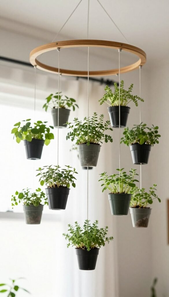 A hanging mobile-style herb garden with small pots suspended at different heights from a circular frame, creating a balanced display A hanging mobile-style herb garden with small pots suspended at different heights from a circular frame, creating a balanced display